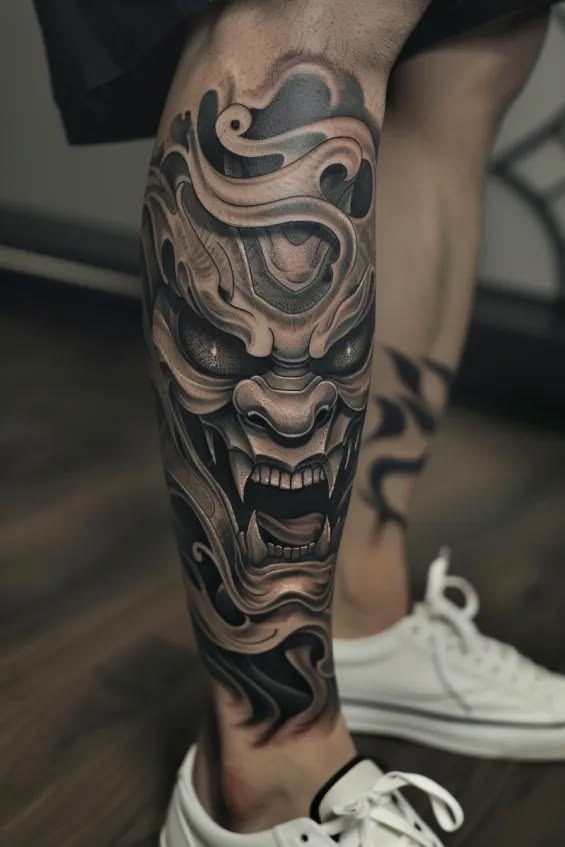 Oni mask realism tattoo, calf
